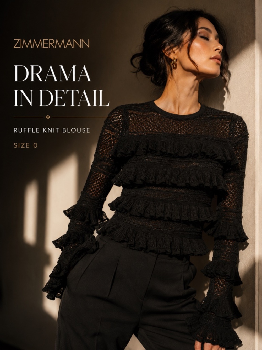 Zimmermann Black Ruffle Knit Lace Blouse Size 0 | Romantic Statement Top